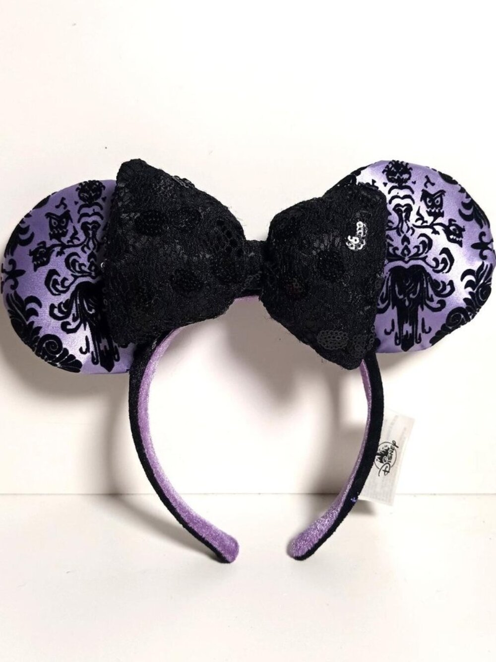 Disney Parks Haunted Mansion Minnie Mouse Ears Headband Wallpaper Print Lace Bow